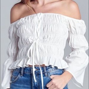 Off The Shoulder Smocked Ruffle Cropped Off White Tie Top 3/4 Bell Sleeve